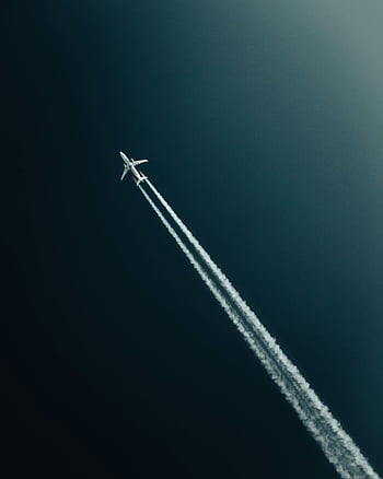 airplane, sky, contrails, clear blue sky, high-flying, captured from below, aircraft, flight, travel, aviation, jet