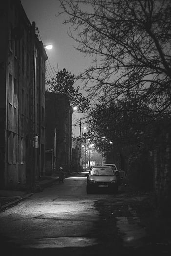 Straße, Auto, Nacht-, verlassen, Stadt, launisch, Atmosphäre, Straßenlichter, Bürgersteig, städtisch, Szene