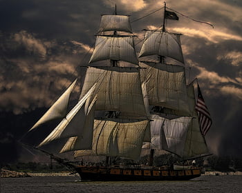 White and Brown Galleon Ship, majestic sailing ship, white sails, dark stormy sky, adventure, historical ship, maritime scene, nautical art, sailing vessel, dramatic clouds, ocean voyage