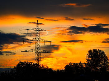 západ slunce, elektrické vedení, přenosová věž, elektřina pylon