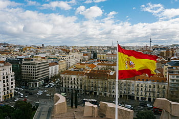 Spanish national flag, cityscape, Madrid, Spain, aerial view, Spanish flag, city's essence, urban landscape, European city, flagpole, skyline