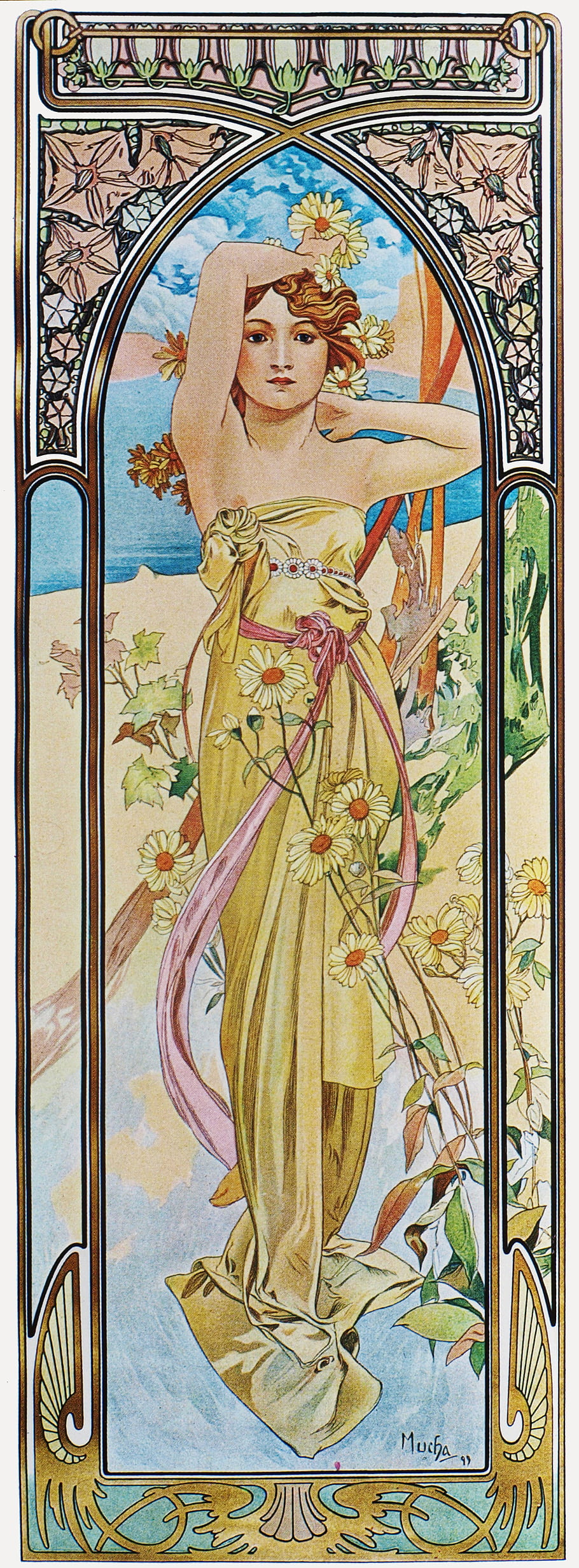 Alphonse Mucha, secese, svítání, vysoké rozlišení, přišpendlit, květinové šaty, Vintage ilustrace, ženská postava, přírodní pozadí, Dekorativní hranice, 1899