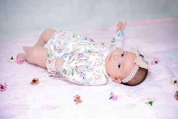 baby, girl, newborn, flowers, creative, decoration, cute, pink