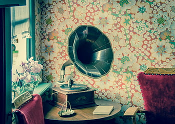 γραμμοφώνο, floral ταπετσαρία, vintage ντεκόρ, ρετρό gramophone, καφέ γραμμόφωνο, μαύρος γραμμοφωνόφωνο, Vintage δωμάτιο, vintage έπιπλα, vintage εσωτερικό, vintage στυλ, floral σχέδιο