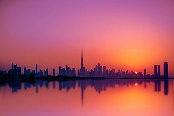 panoráma města Dubaj, západ slunce, burj khalifa, Reflexe nábřeží, pohled, panorama města, městské krajiny, večerní panorama, panorama Dubaje, západ slunce panoráma, Dubaj západ slunce