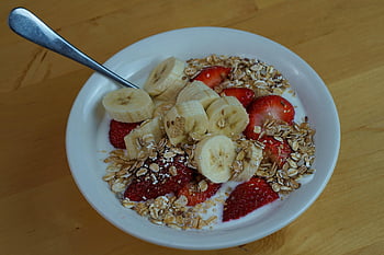 cibo, prima colazione, muesli, Banana, fragola, Yogurt, cereali, avena, fiocchi d'avena, frutta, salutare