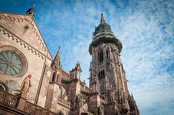 Freiburg Church, Gothic cathedral, facade, tower, blue sky, Freiburg, Germany, cathedral architecture, religious building, historical landmark, stained glass window