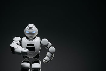 Futuristický robot, tanec robot, Moderní robotika, Elegantní bílý robot, tmavé pozadí, ve stupních šedi, Technologická ukázka, Robotický design, Pokročilá robotika, futuristické technologie, Robotská estetika