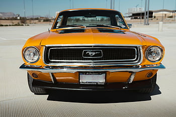 Orange Mustang, klasické auto, ford mustang, slunečný den, Los Angeles, přední konec, Historické auto, oranžové auto, klasický mustang, fotografování automobilů, automobilové fotografie
