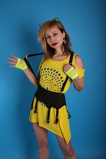 woman, retro, portrait, fashion, girl, vintage, 80 X, street Style, style, yellow Dress, glasses