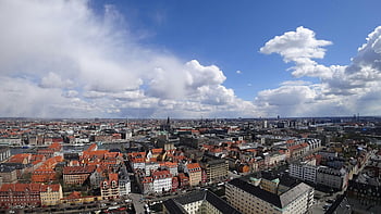 Copenhagen, Denmark, panoramic aerial shot, urban landscape, city buildings, dramatic sky, vibrant cityscape, aerial view, European city, cityscape photography, urban architecture