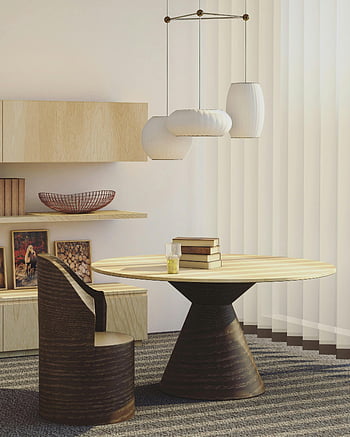 round wooden table, beige and brown furniture, contemporary living room, wooden chair, interior design inspiration, creative decorations, modern furniture, living room decor, wooden furniture, round table, interior design