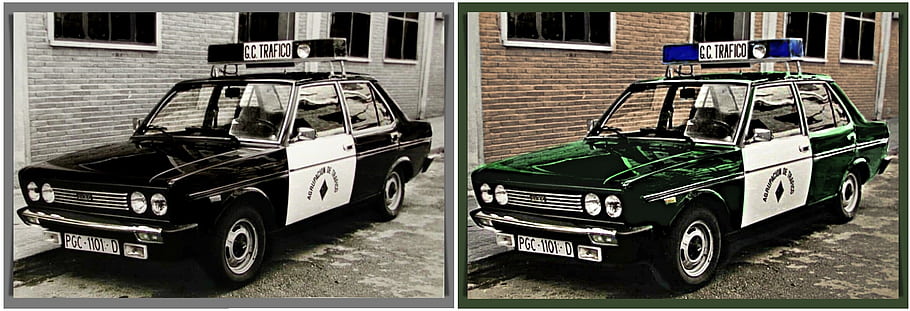 Seat 131, Guardia Civil, traffic, police car, Spain, colored, black and white, vintage, vehicle, uniform, brick building