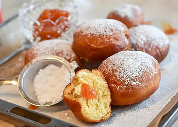 donuts, flour, pastry, food, jam, apricot Jam, doughnuts, sieve, powder, baked, homemade