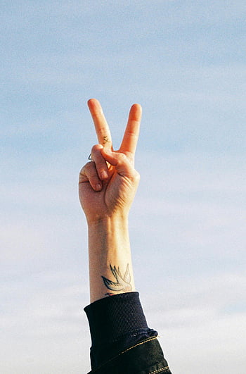 signe de paix, bras tatoué, ciel bleu clair, symbole de la victoire, geste de réussite, tatouage à la main, geste de paix, fond de ciel, main tatouée, signe de la victoire de la main, signe de réussite