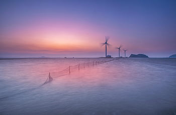 moře, větrné mlýny, západ slunce, oceán, voda, větrné turbíny, větrná energie, ostrov, Příroda, nebe, mraky
