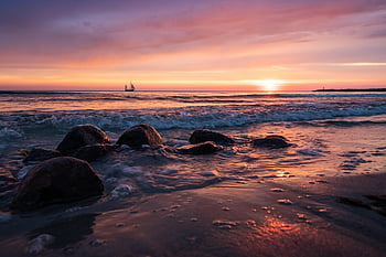 sea, beach, sunrise, coast, rocks, waves, ocean, water, seascape, horizon, sky