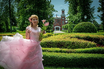 žena, růžové šaty, nevěsta, svatební šaty, quinceanera šaty, zahrada, fantazie, plesové šaty, hrad, Palác Oldenburg, ramon