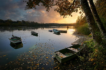 lago, barcos, por do sol, banco, crepúsculo, resplendor, tarde, reflexão, sai, folhas caídas, agua