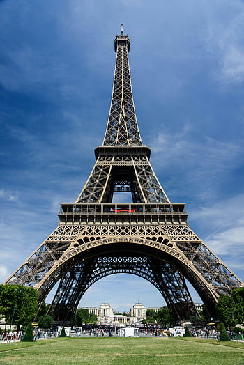 Eiffel Tower, Paris, daytime, blue sky, architectural grandeur, worms view, France, landmark, tourist attraction, iron lattice, historical monument