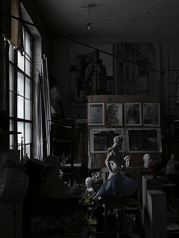 hliněná socha, umělecká díla, studio, spoře osvětlené, sochy, busty, Zobrazit, Studio interiér, umění kolekce, kreativní prostor