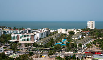 město, pobřeží, cestovat, cestovní ruch, venku, budov, panoráma města, mrakodrapy, hua hin, prachuap khiri khan