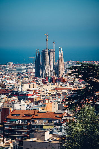 Sagrada Familia, Barcelona, cathedral, cityscape, aerial view, clear blue sky, stunning, Spain, architecture, landmark, tourism