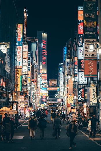 Tokyo street, dusk, neon signs, nightlife, bustling, vibrant, cityscape, Japan, urban, people, illuminated