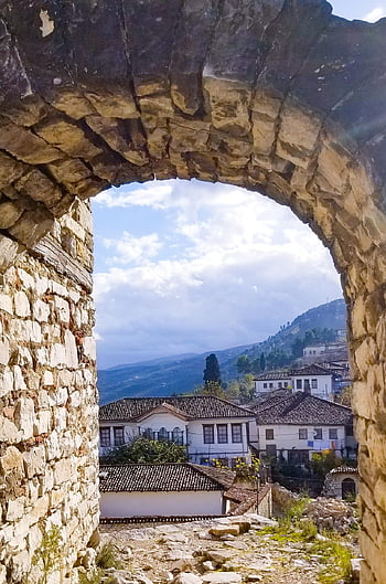 arch, houses, town, village, stoneworks, view, townscape, masonry, albania, unesco, world Heritage Site