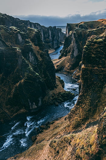 fjadrargljufur canyon, luftfotografering, blå flod, bjerge, flydende flod, stejle klipper, Stenede klipper, betagende udsigt, canyon landskab, natur, islands landskab