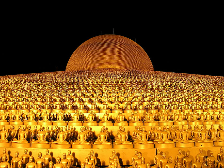 Buddhy zlaté, kopule budovy, dhammakaya pagoda, Thajsko, Sochy Golden Buddha, kultovní struktura, nádherný výhled, náboženské architektury, duchovní orientační bod, kulturní dědictví, zlaté sochy