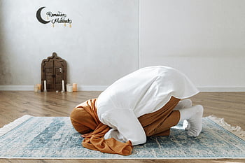 woman praying, hijab, prayer rug, serene room, faith, tranquility, Ramadan Mubarak, wooden floor, candles, spiritual moment, Islamic prayer