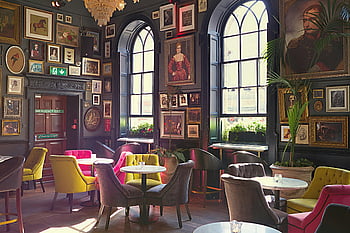 Dublino Cafe, interni lussuosi, posti a sedere vibranti, arredamento artistico eclettico, tavoli da pranzo vuoti, sedie colorate, finestre ad arco, Ritratti incorniciati, Café moderno, Atmosfera accogliente, spazio pieno di arte