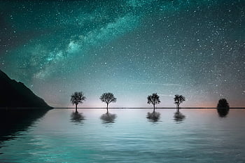 jezero, hvězd, noc, hora, stromy, odraz, Příroda, fantazie, krajina