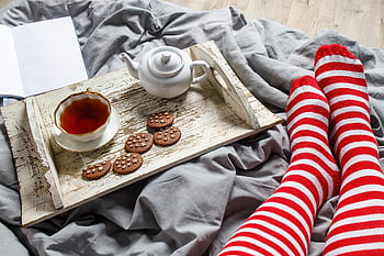 letto, bevanda, tazza di caffè, biscotto, bere, libro, Camera da letto, copriletto, prima colazione, bar, ceramica