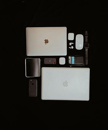 Apple gadgets, modern technology, laptops, smartphone, accessories, dark background, top view, Apple electronics, tech devices, tech gadgets, modern gadgets