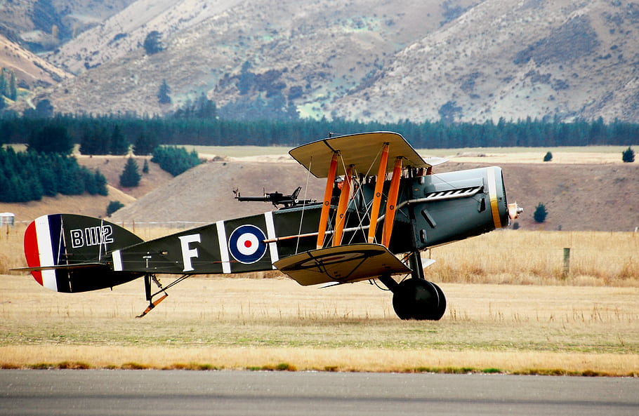 Bristol F.2 Fighter, biplane, aircraft, World War I, Royal Flying Corps, replica, vintage plane, military aircraft, aviation, historical aircraft, mountains