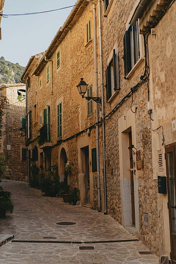 rumah batu, jalan batu bulat, valldemossa, Spanyol, rumah batu tradisional, jalan yang indah, majorca, arsitektur eropa, pesona pedesaan, Kota Mediterania, gedung bersejarah