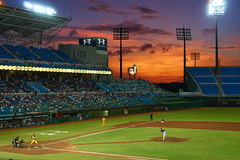 letecké snímkování, baseballový zápas, západ slunce nebe, přeplněný stadion, živá hra, sportovní událost, Venkovní stadion, hráči baseballu, Baseball západ slunce, stadion světla, sportovní akce