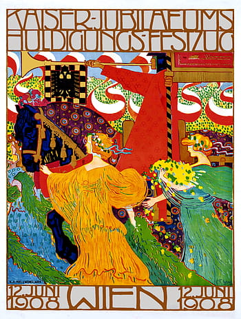 빈티지 일러스트레이션, Ludwig Ferdinand Graf, 아르누보, 1908 포스터, 빈, Kaiser Jubiläums, Huldigungs Festzug, 역사적 예술, 화려한 디자인, 드레스를 입은 여성, 말 운반차