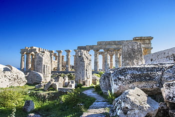 scilly, tample, pillars, architecture, ruins, sky, blue, landscape