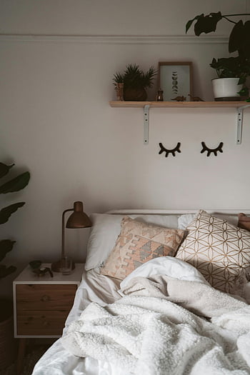 bedroom interior, cozy bedroom, cushions, lamp, plants, warm bedroom, cozy bed, bedroom decor, bedside lamp, bedroom plants, cozy interior