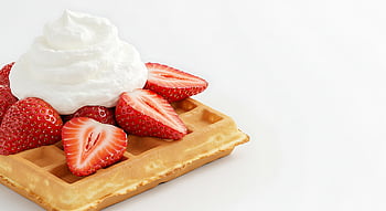 waffle, strawberries, dessert, whipped, cream, fruit, breakfast, food, sweet, fresh, delicious