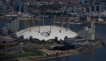 o2 arena, 02 dall'aria, vista dall'alto di o2, arena di greenwich londra, cupola del millennio, Londra dal cielo