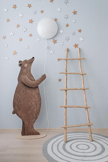 wooden ladder, whimsical nursery, bear cutout, balloon, star accents, nursery decor, light, spiral rug, wooden bear, star wall, nursery room