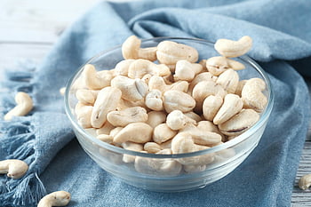 nuts, clear glass bowl, raw cashews, blue cloth, healthy snacking, glass bowl, cashews, blue napkin, healthy snacks, snack bowl, nuts in bowl
