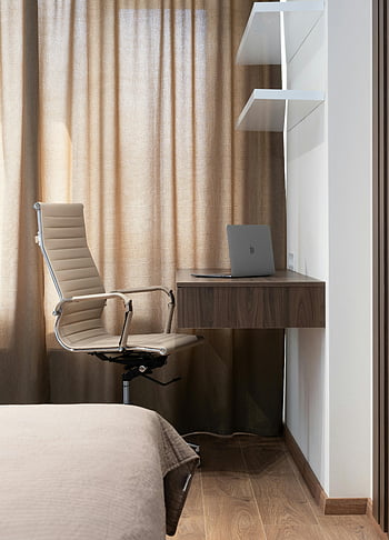 modern workplace, laptop, light room, contemporary apartment, beige chair, tidy bedroom, workspace, desk, wooden floor, curtains, shelves