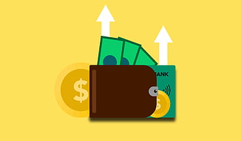 peněženka, mince, bankovek, kreditní karta, platba, hotovost, žluté pozadí, ilustrace, peníze, finance, bankovnictví