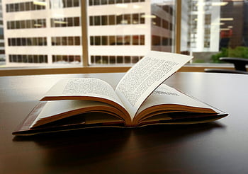 libro aperto, scrivania, ufficio, skyline della città, grandi finestre, Scena indoor, lettura, spazio di lavoro, vista urbana, impostazione professionale, area di studio