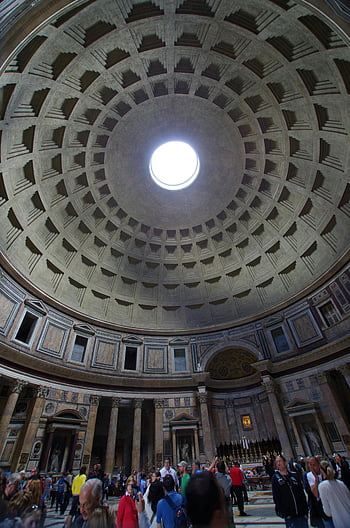Pantheon, Rome, tourists, architectural grandeur, historic building, dome structure, interior view, ancient architecture, sightseeing, travel destination, cultural landmark